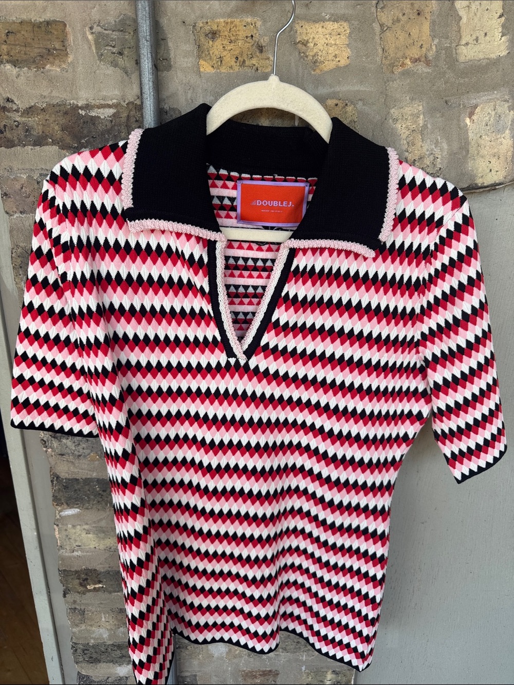 LA DoubleJ Pink Black White Diamond Knit Polo Tee